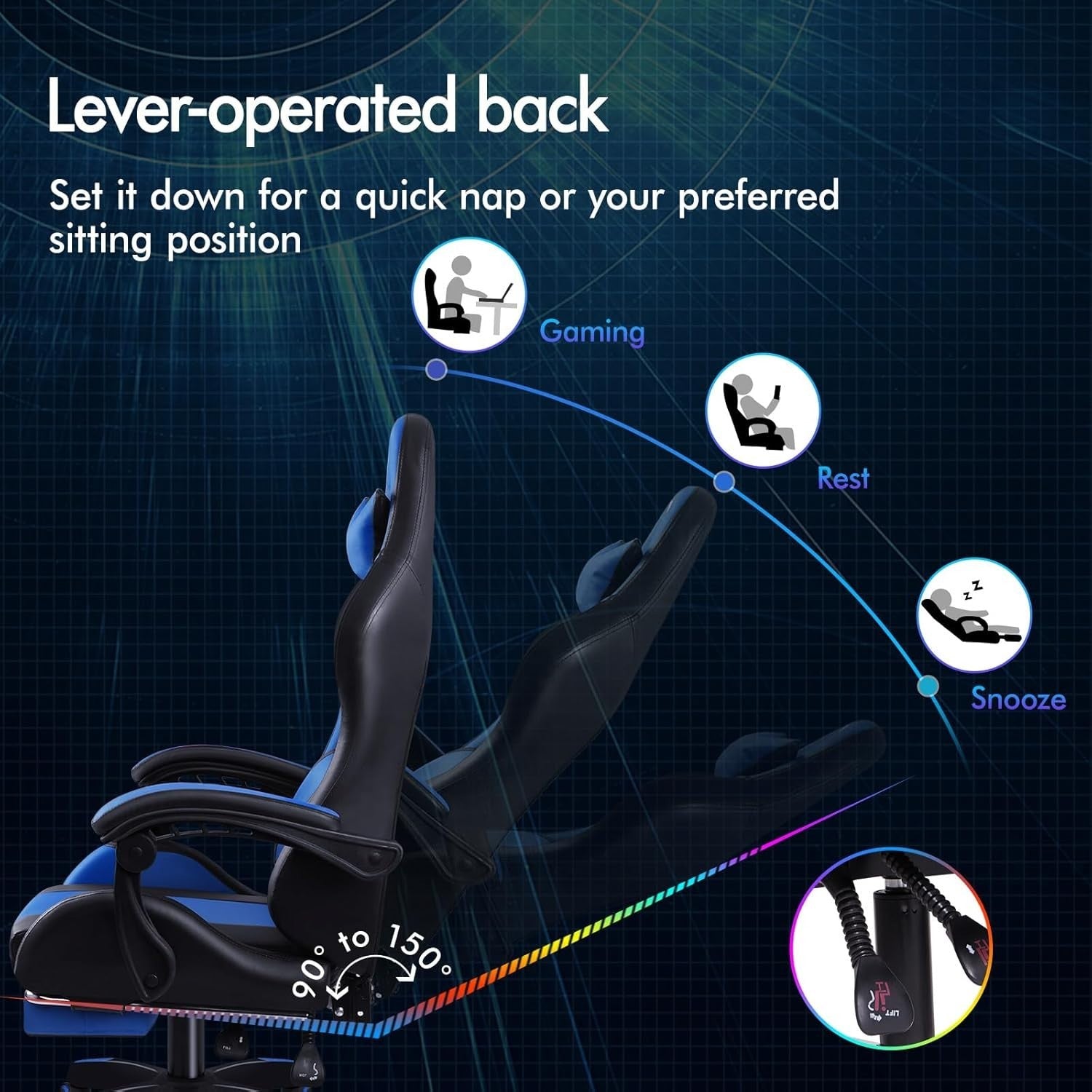Gaming Chair Recliner Office Swivel Desk Chair Massage Lumbar Cushion Blue PU Le