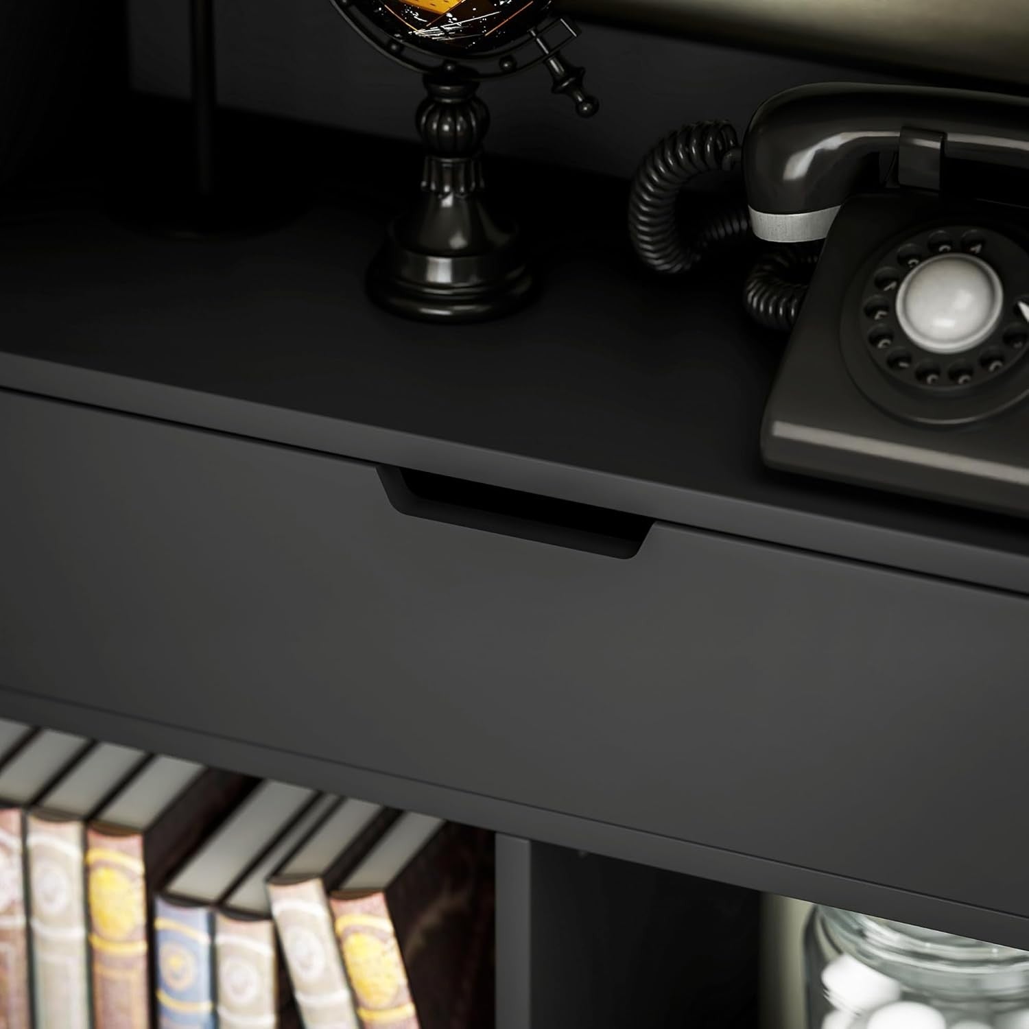 Tall Black Bookcase with Drawer & Open Shelves – Modern Freestanding Storage