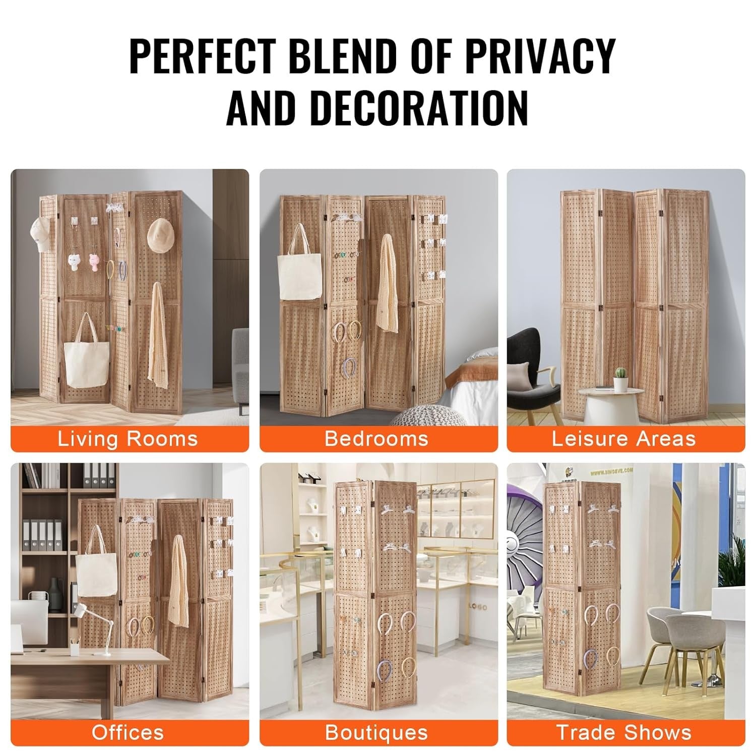 4 Panel Wooden Folding Room Divider Carved Privacy Screen 162x170cm Natural
