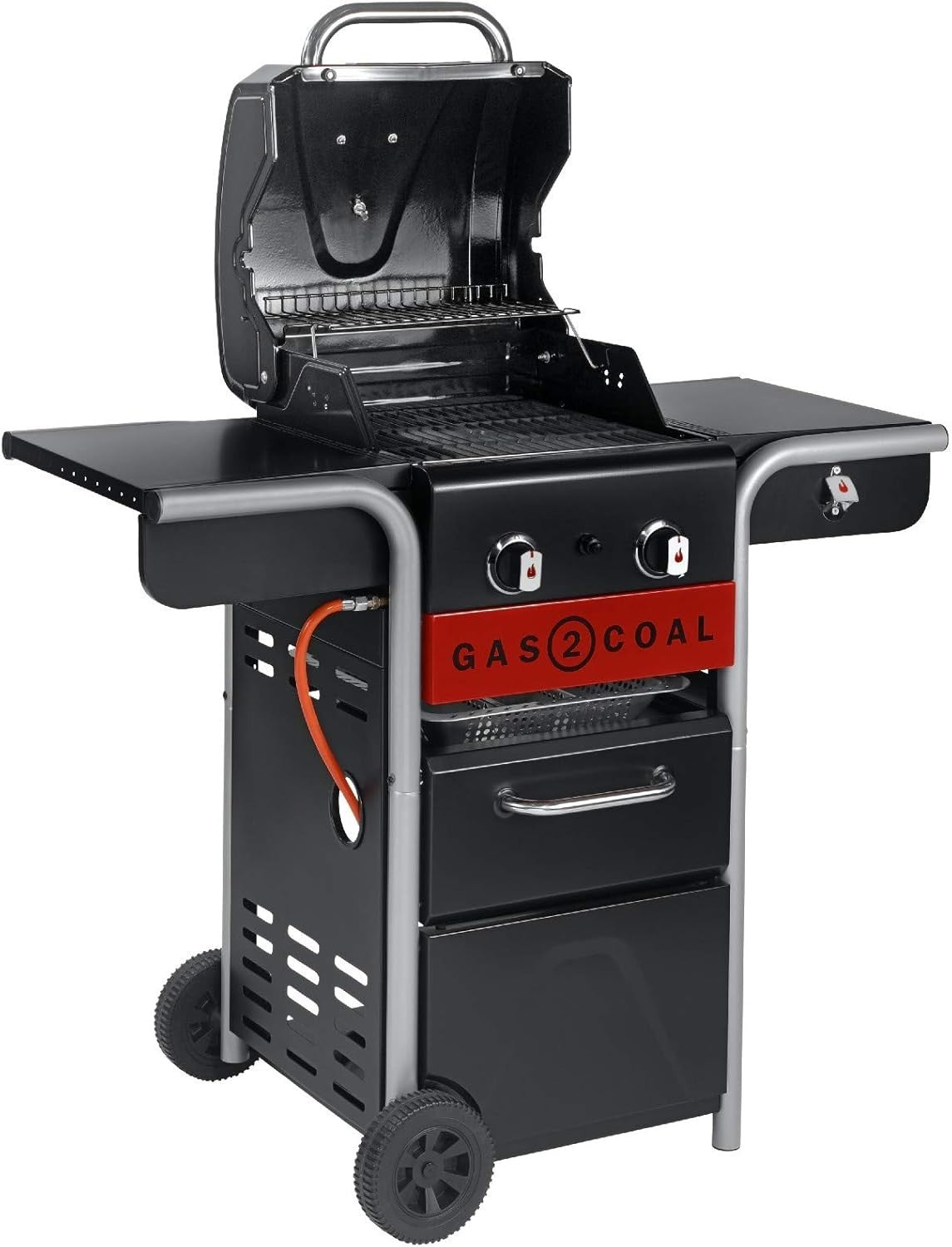 Hybrid Gas & Charcoal BBQ Grill 2 Burner Outdoor Barbecue with Side Shelves