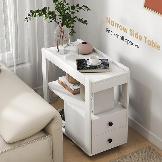 Sleek 3-Tier Rolling Bedside Table with Drawers & Shelves Slim Nightstand White