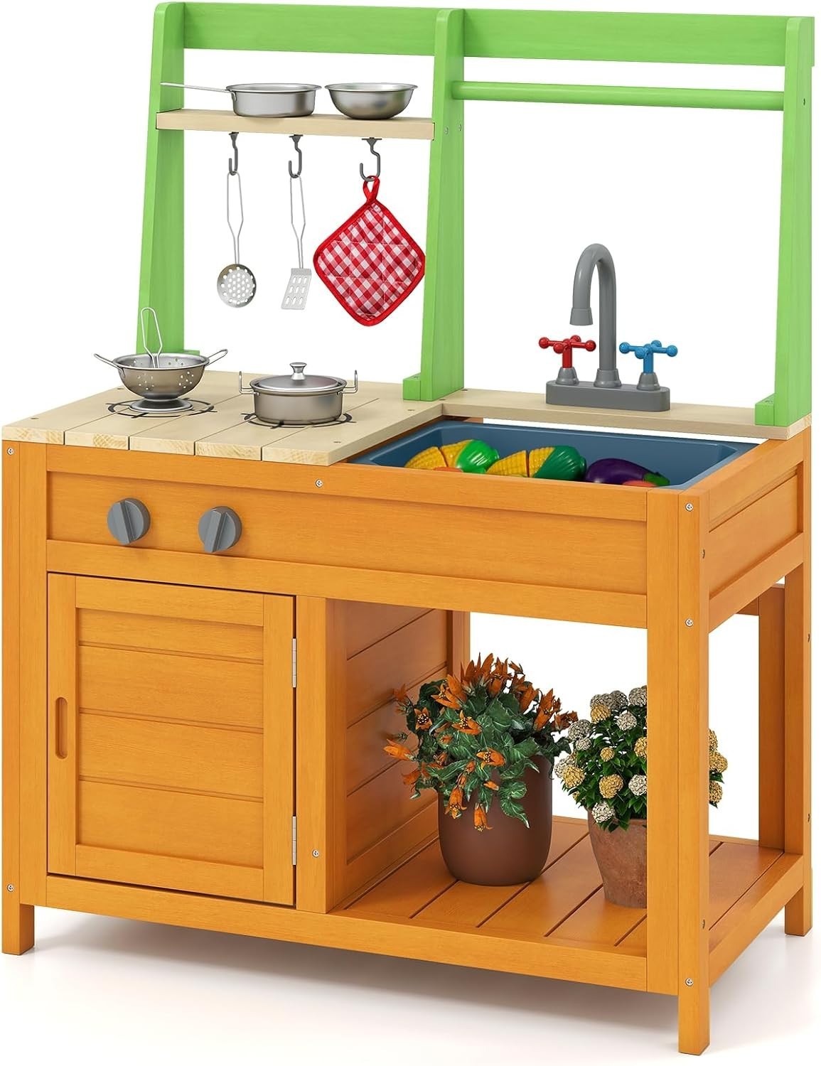 Outdoor Mud Kitchen Wooden Kids Playset Sink Oven Cooking Toy