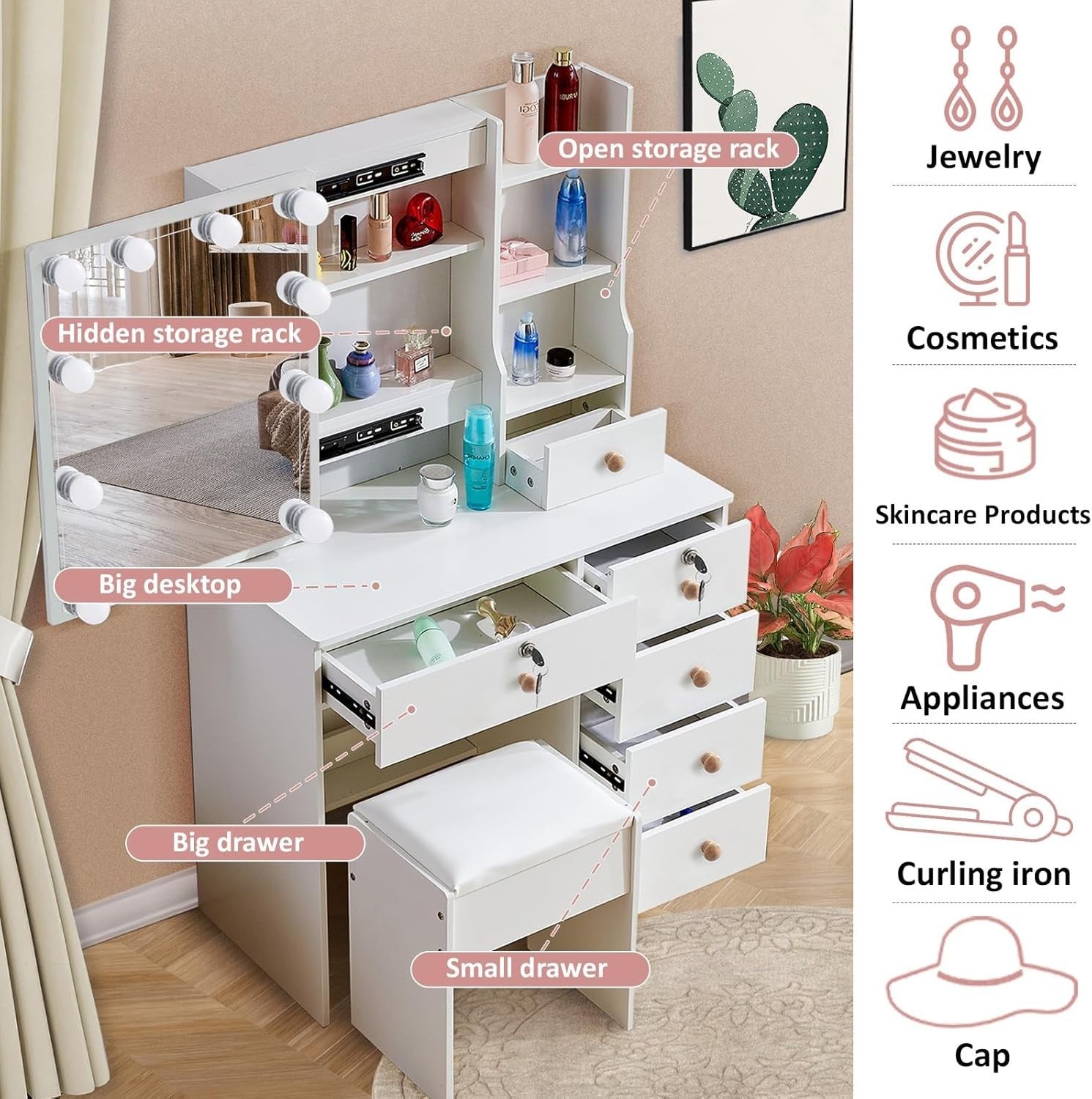 White Modern Vanity Table Set LED Mirror 5 Drawers Dressing Desk Wood