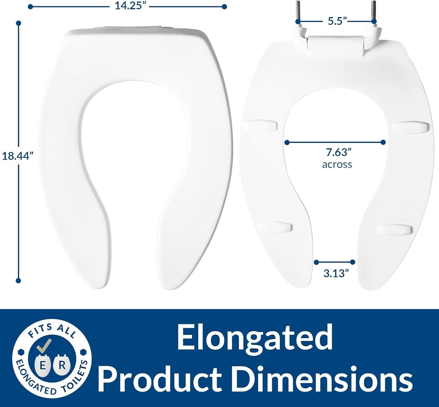 Commercial Elongated Toilet Seat White Open Front Self-Sustaining