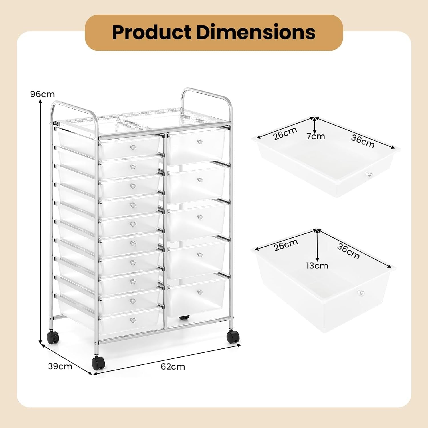 15 Drawer Storage Trolley Mobile Organizer Rolling Cart Lockable Wheels Clear