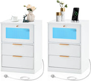 Set of 2 Smart LED Bedside Tables with USB Charging | Modern White 2 Drawer