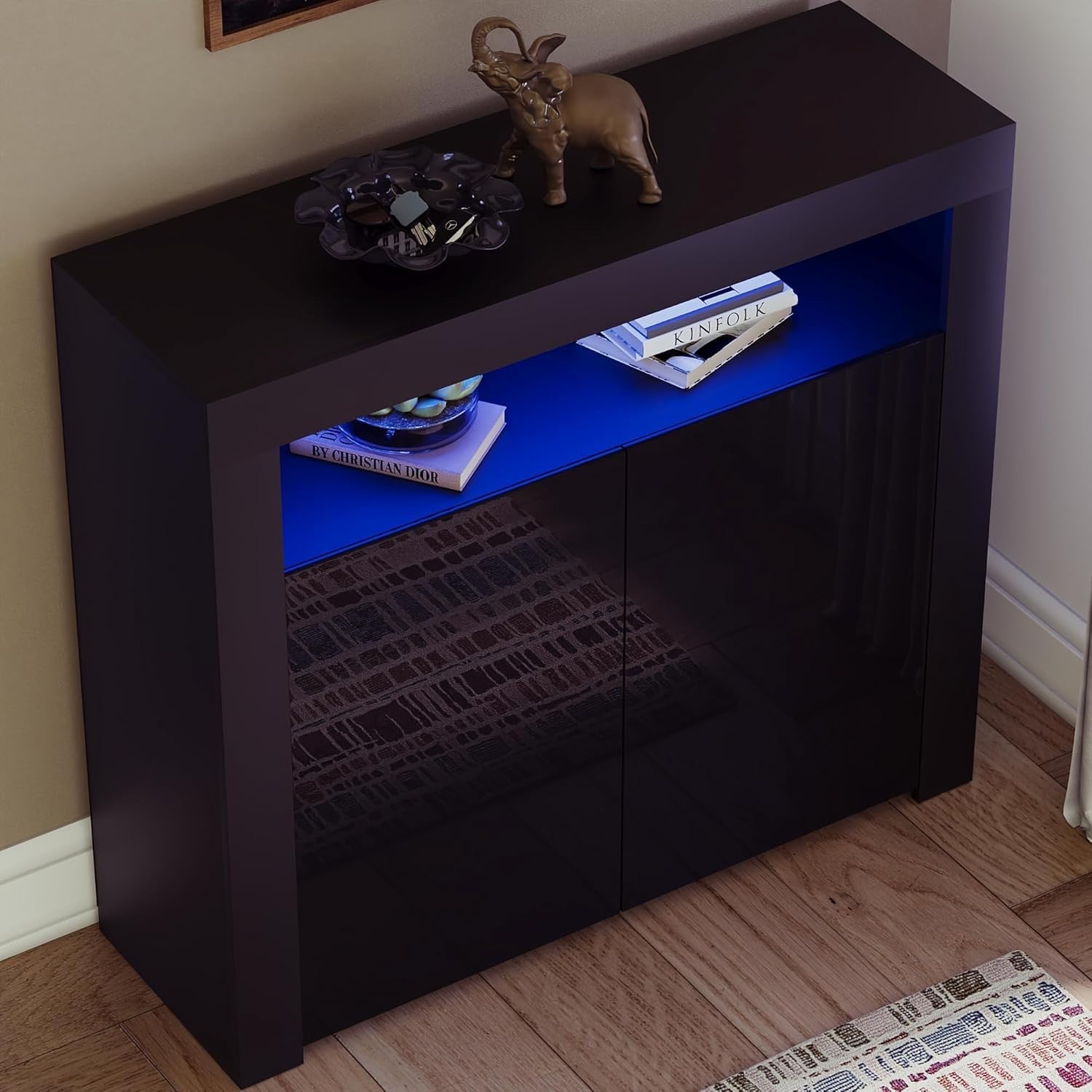 Modern Black LED Sideboard 2 Doors Magnetic Storage Cabinet RGB Lighting
