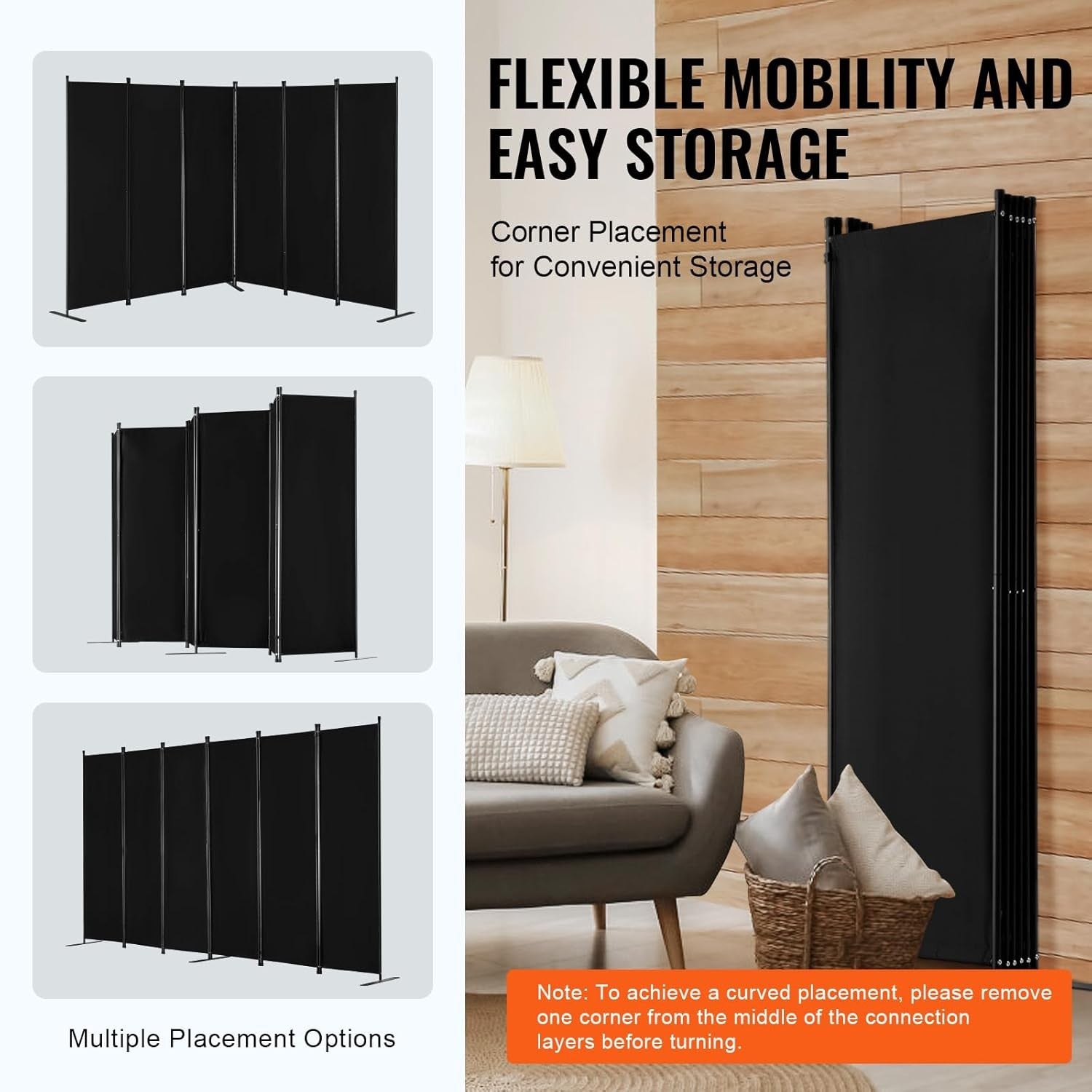 6 Panel Folding Room Divider Black Privacy Screen Freestanding 317x181cm