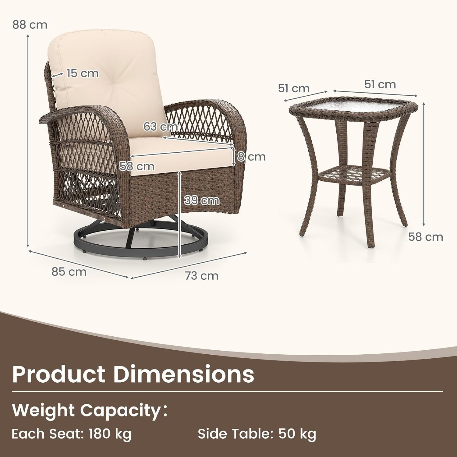 360° Rattan Swivel Rocker Chairs Set w/ Cushions & Table Outdoor Patio