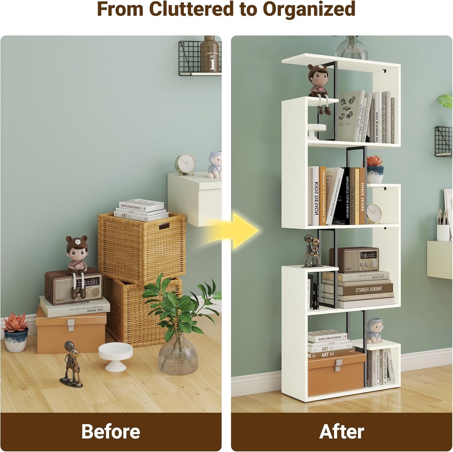 White 4-Tier Slim Bookcase Room Divider, Asymmetric Display Storage Shelf