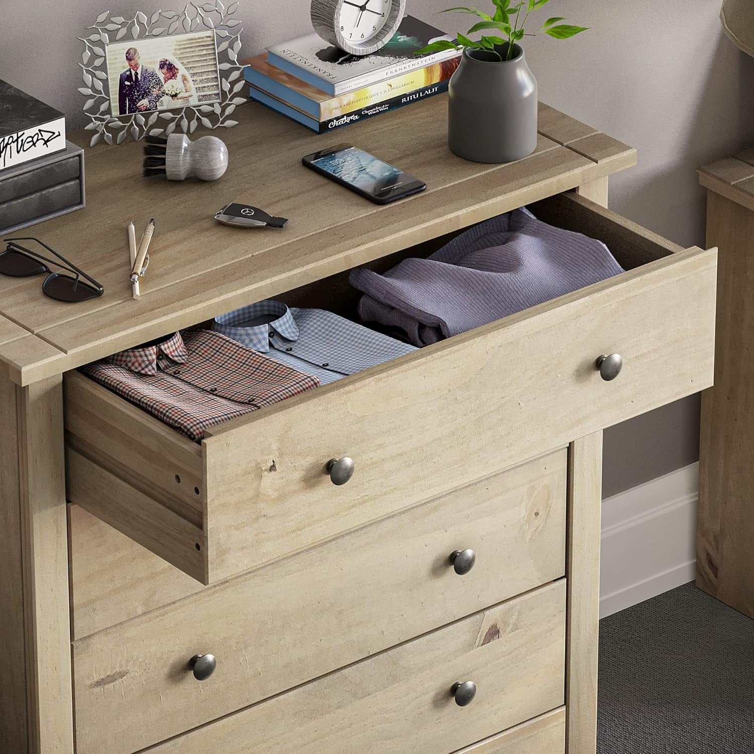 Solid Oak 5 Drawer Chest Wood Storage Unit for Bedroom Hallway Living Room