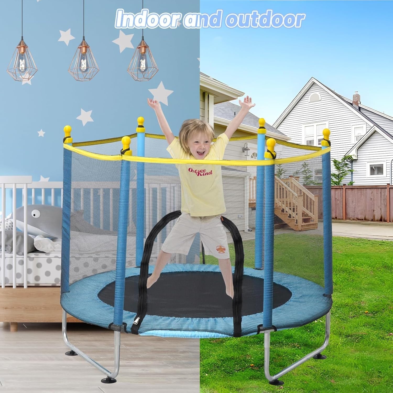 Kids Indoor Outdoor Trampoline with Safety Net & Basketball Hoop 55in