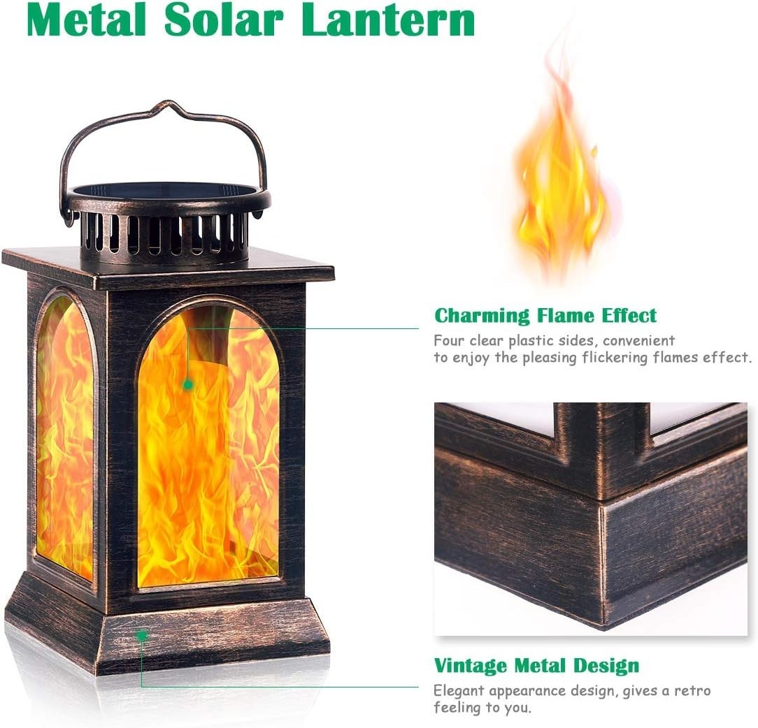 2-Pack Solar Flickering Flame Metal Lanterns Bronze Outdoor Garden Light