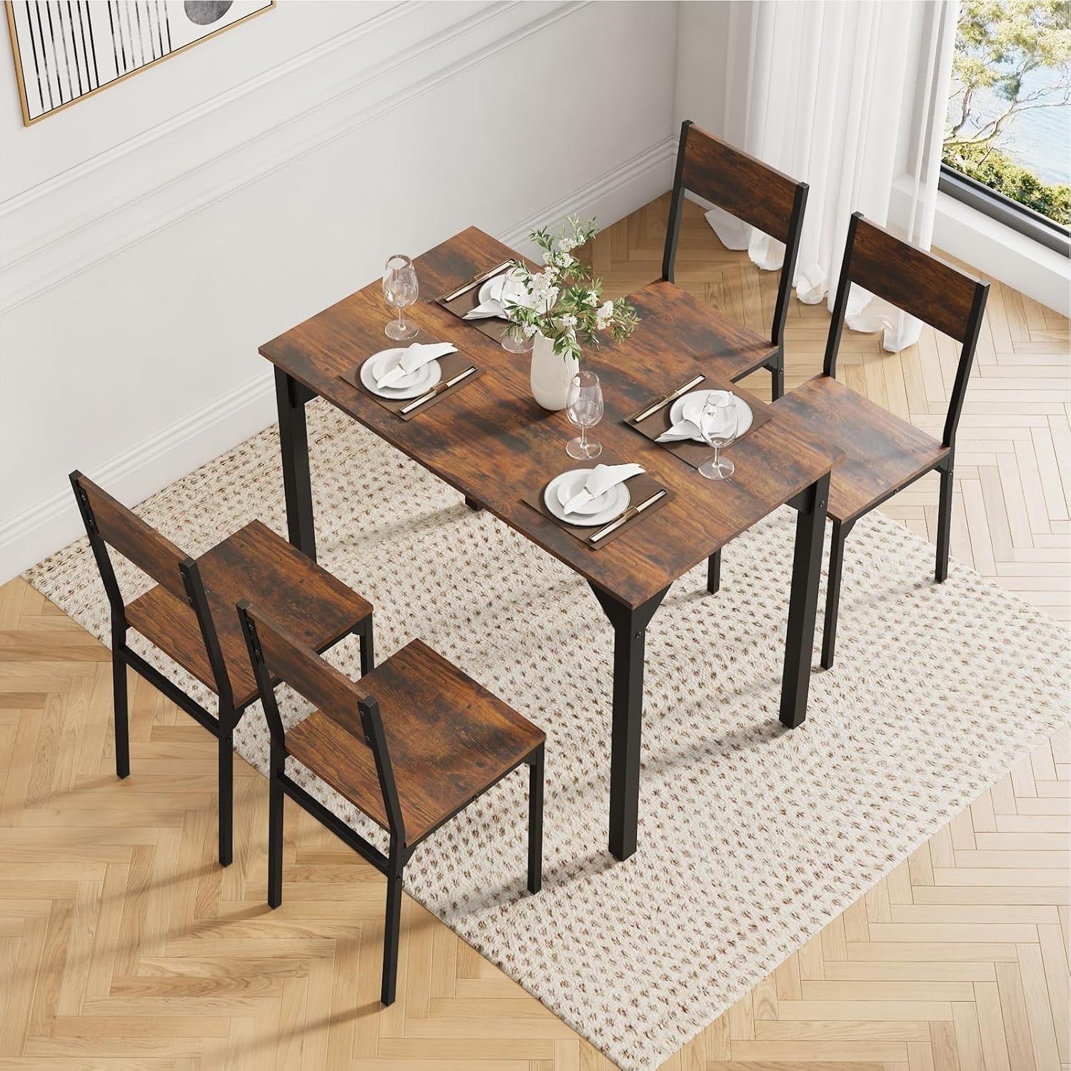 4-Seater Brown Dining Table & Chairs Set - Metal Frame, Space Saving