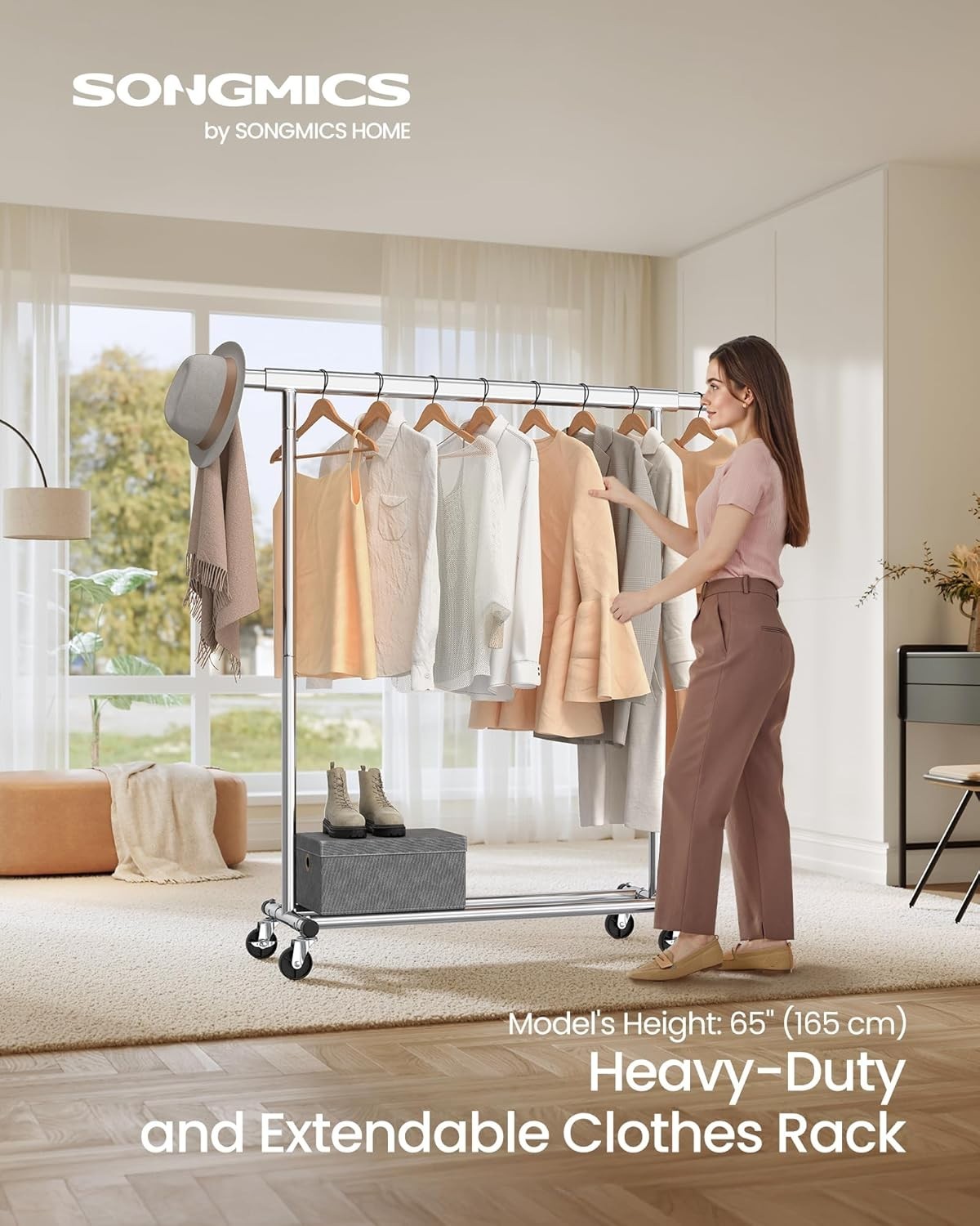 Heavy Duty Clothes Rack 100KG Extendable Rail Silver Wheels