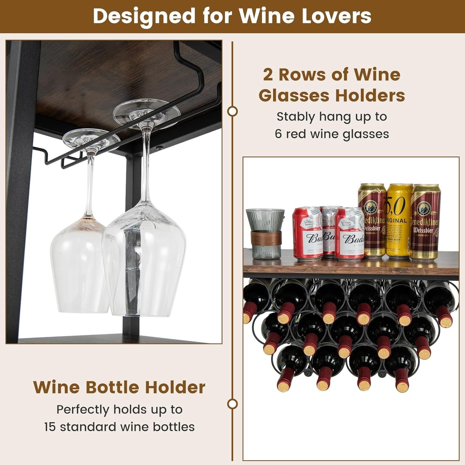 3 Tier Industrial Wine Cabinet with Countertop Glass Holders USB Charging Bar