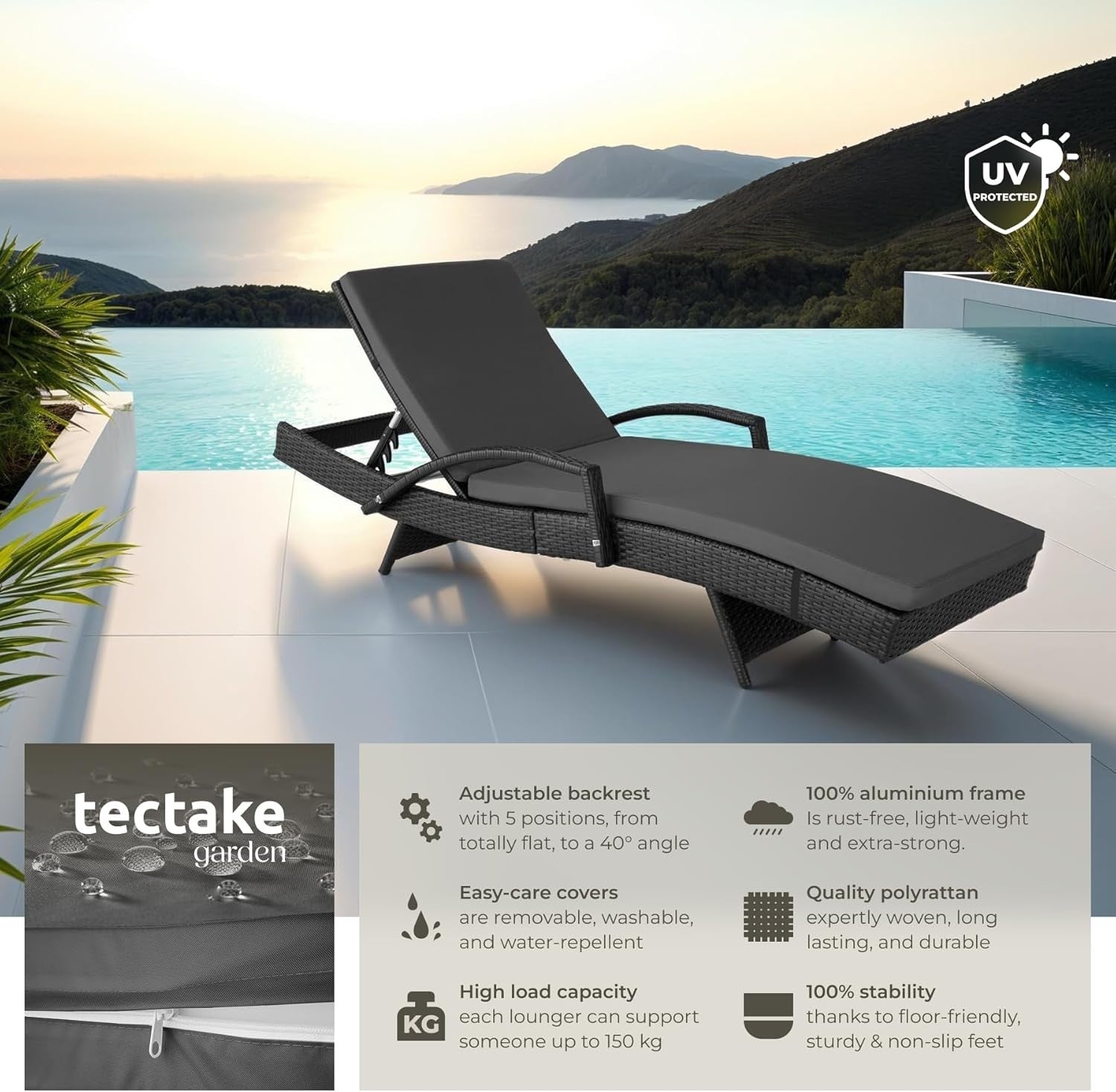 Rattan Sun Lounger 5-Position Recliner Chair Garden Bed Cushioned Weatherproof