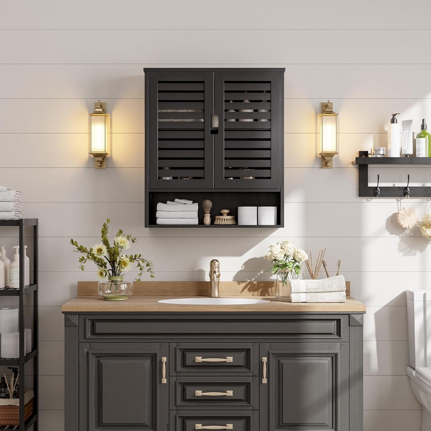 Black Bathroom Wall Cabinet – Over Toilet Storage, 2 Doors, Adjustable Shelves