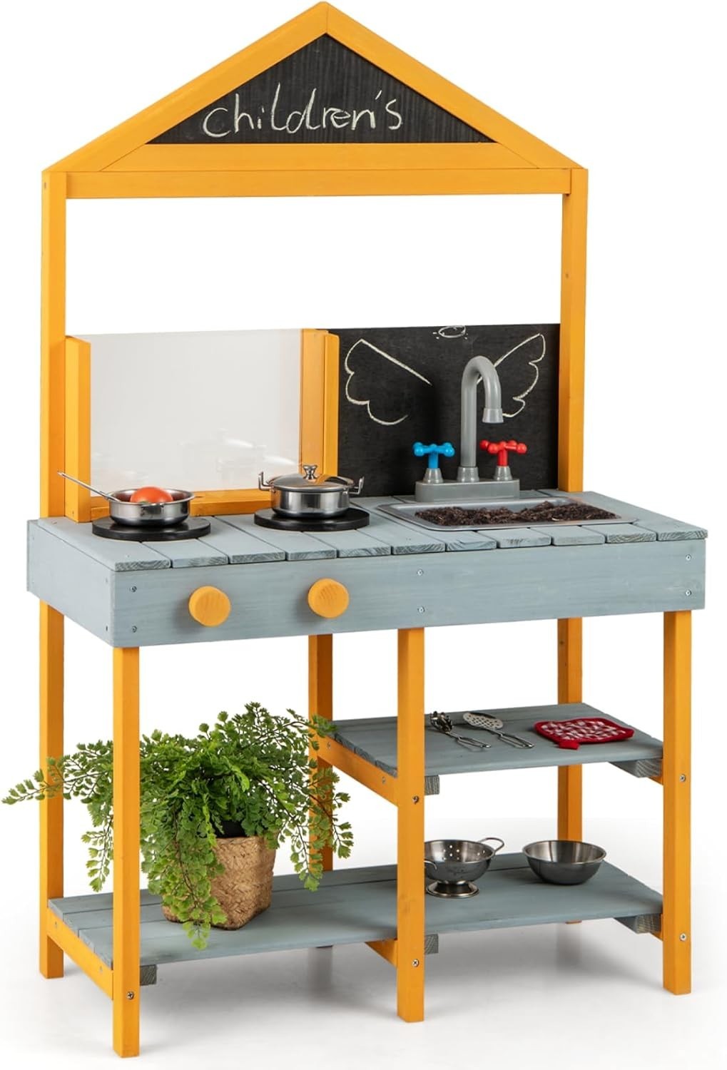 Outdoor Mud Kitchen Kids Playset w/ Planter Sink Chalkboard Toys