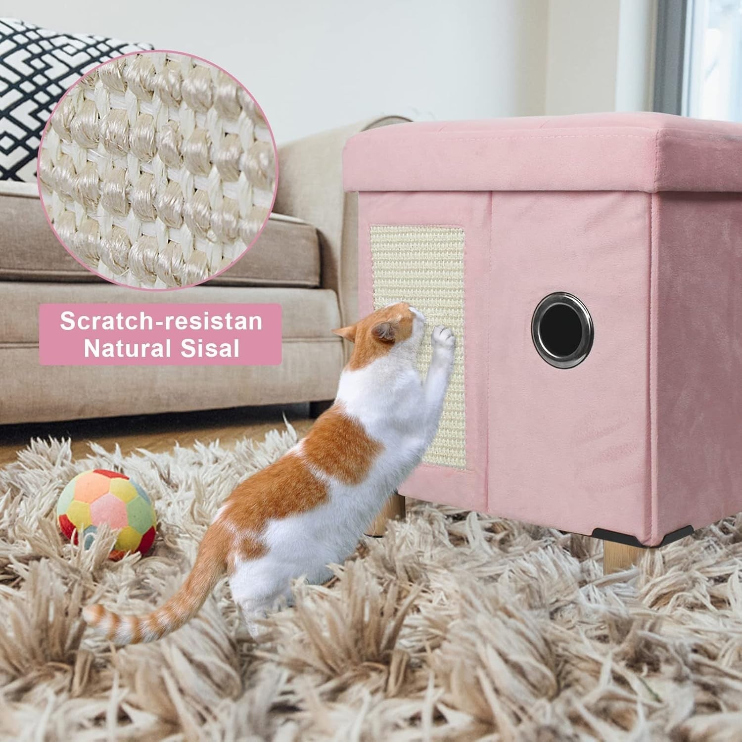 Foldable Cat House Cube Cave w Scratching Board Cushion & Ball Pink