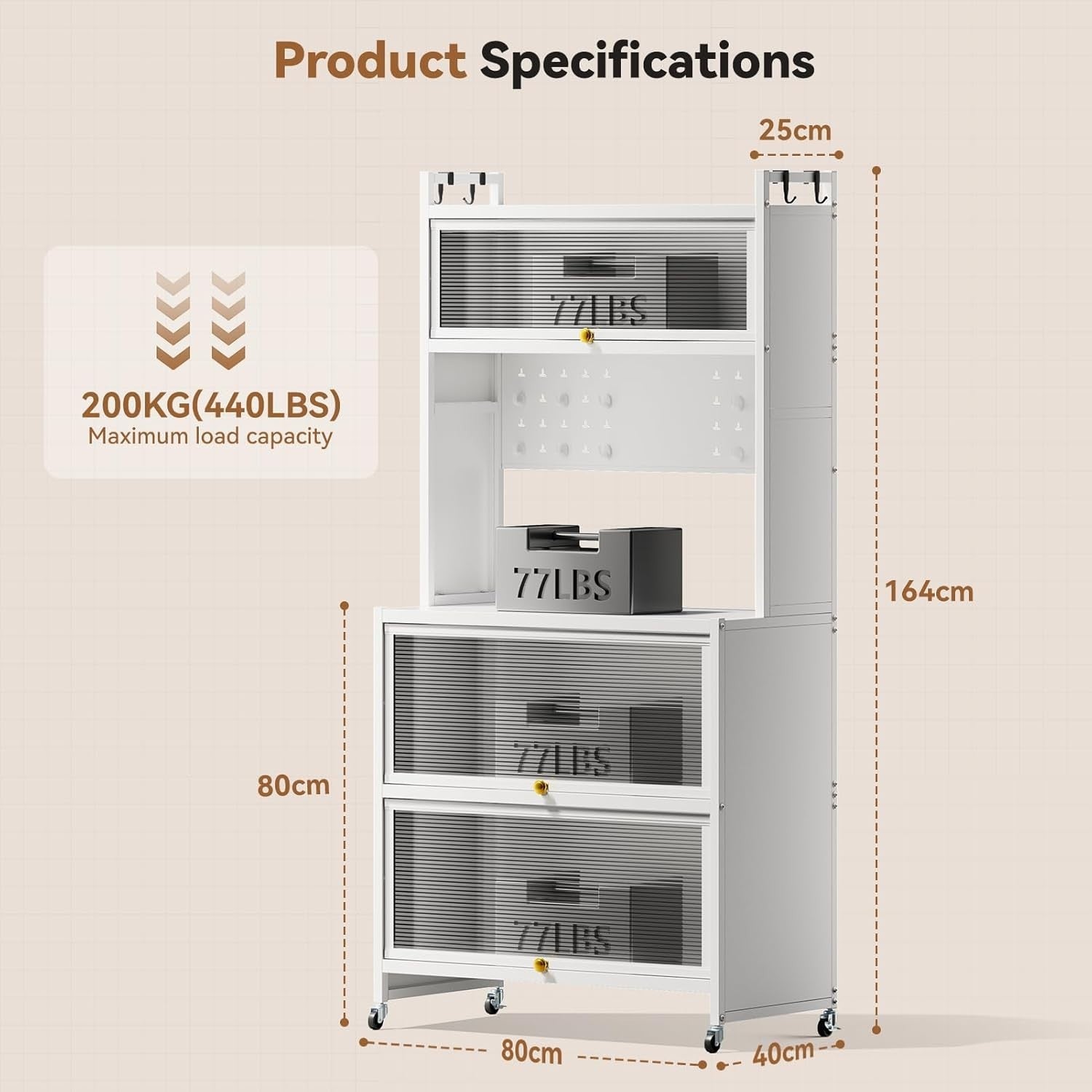5-Tier Kitchen Storage Cabinet with Flip Door & Wheels White | 80x40x162cm