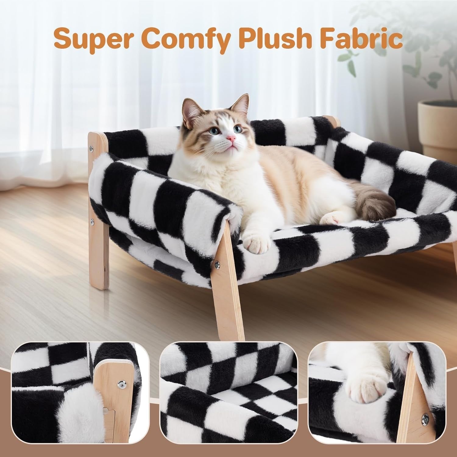 Wooden Cat Sofa Bed Plush Velvet Pet Couch Washable Cover Elevated