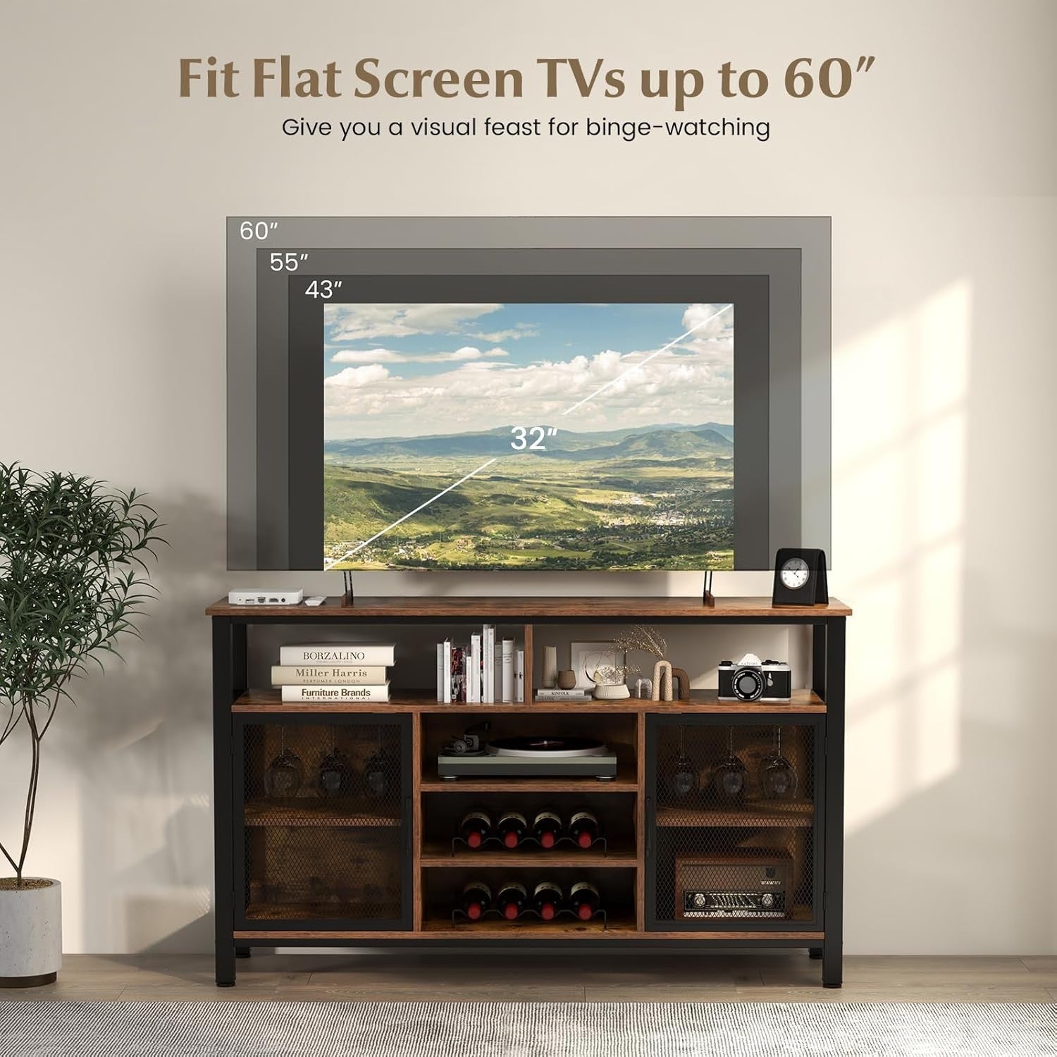 Rustic Sideboard Storage Cabinet with Wine Racks Glass Holder Mesh Doors