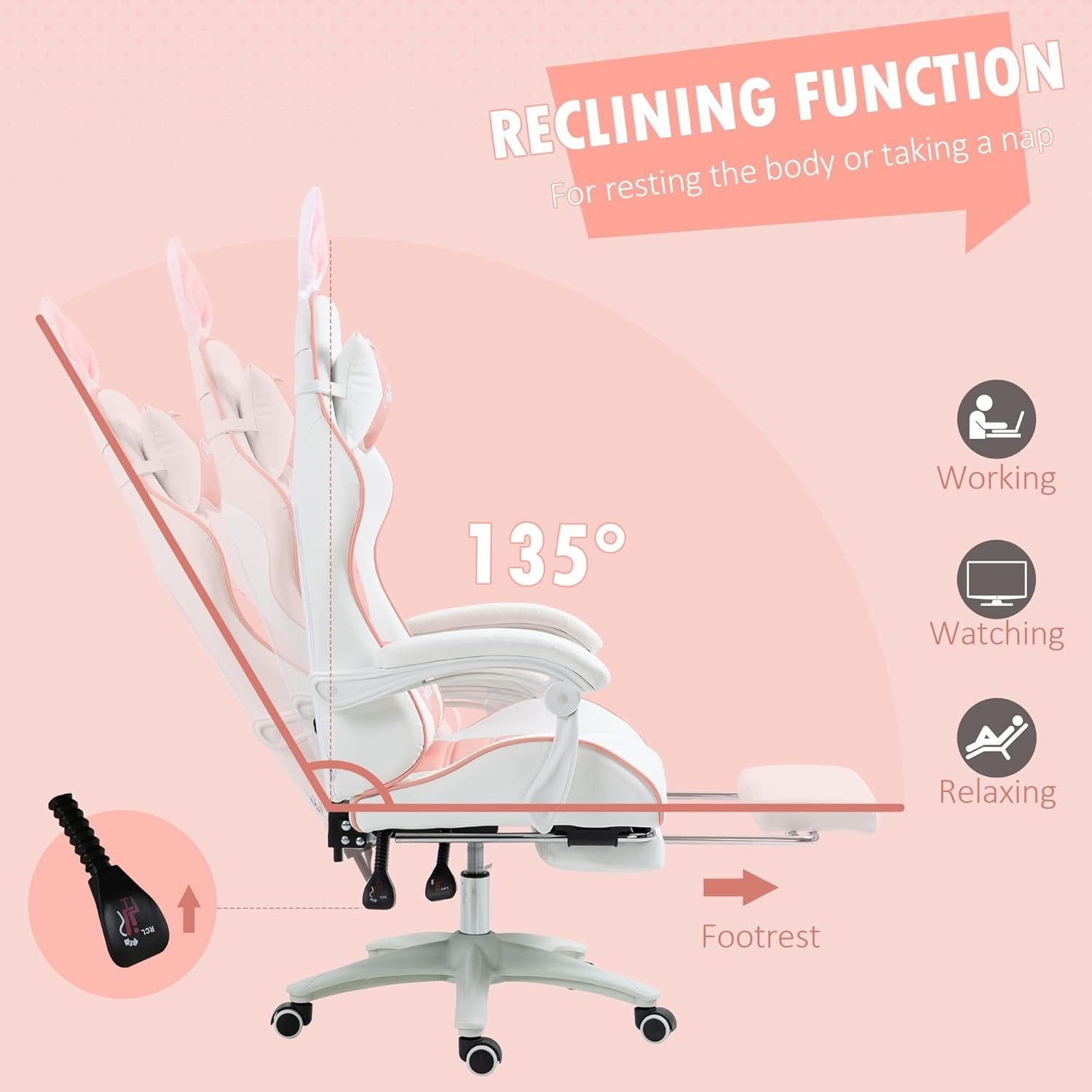 Pink Gaming Chair w/ Rabbit Ears Recliner Footrest Lumbar Support