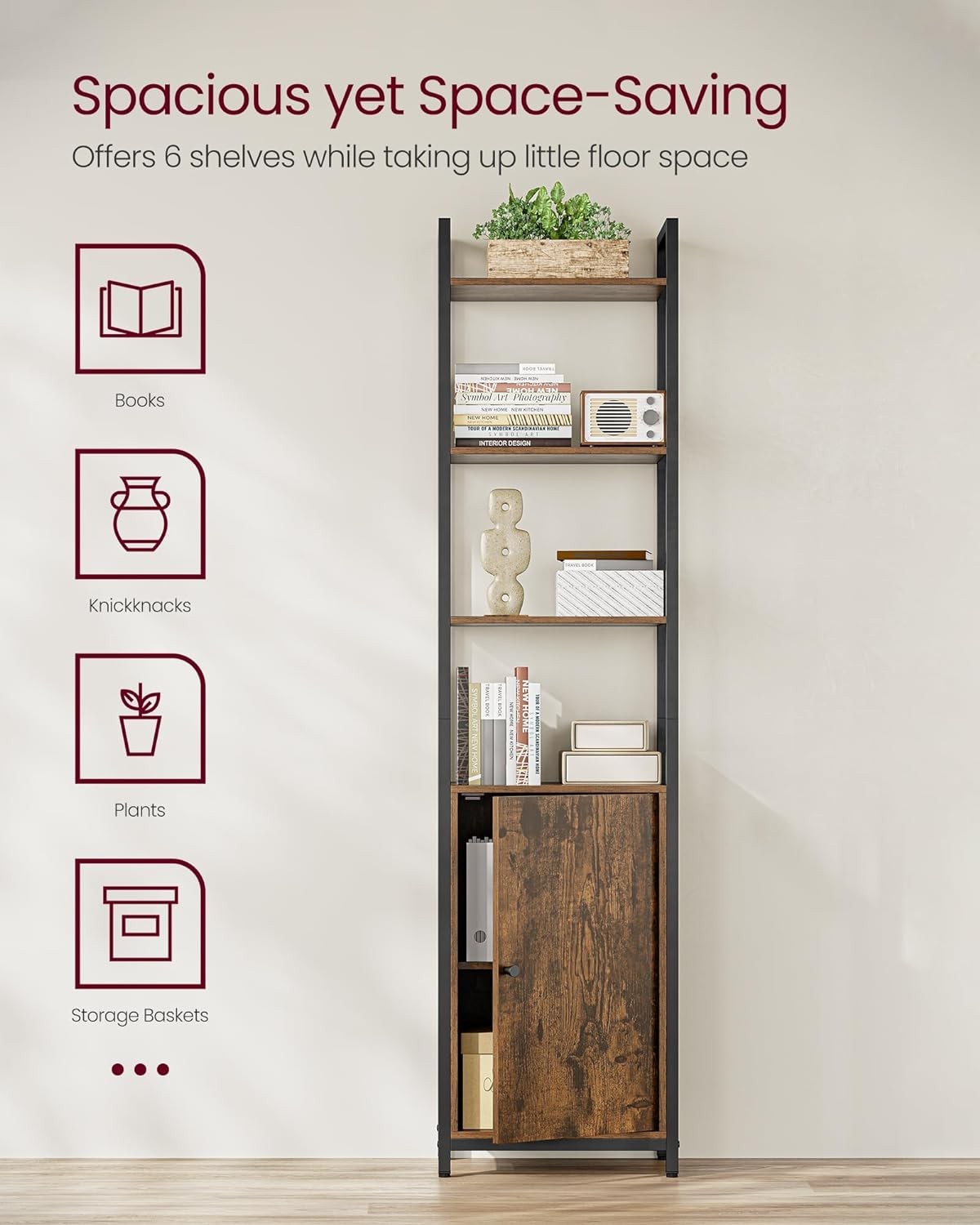 6-Tier Industrial Tall Bookcase with Cabinet, Metal Frame Adjustable Shelves