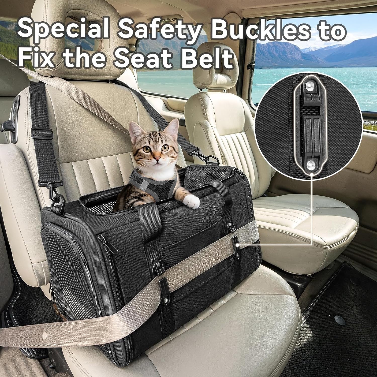 Escape Proof Cat Car Seat Carrier Safety Buckle Lockable Travel Bag