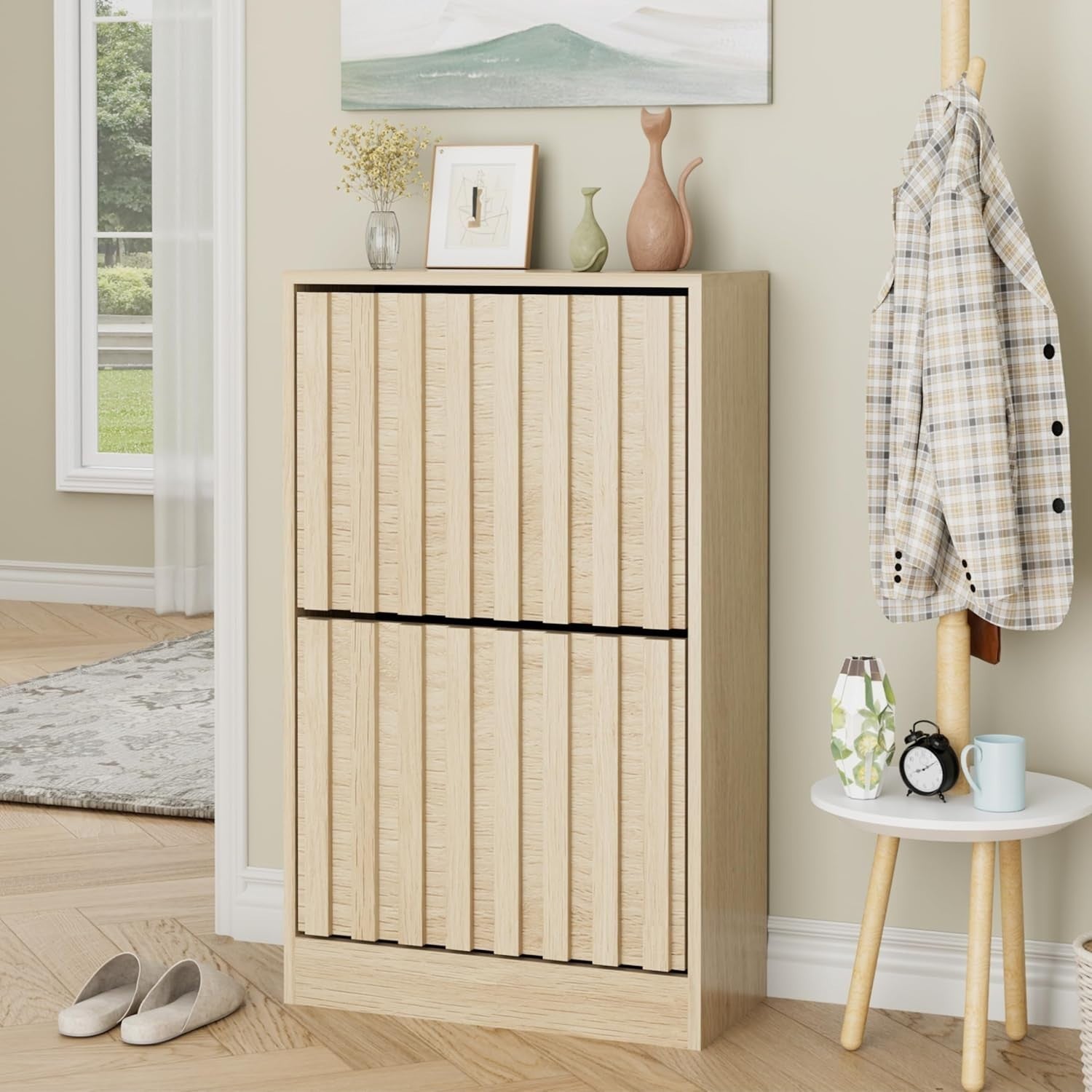 Slim Wooden Shoe Storage Cabinet 2 Flip Drawers Ventilated Modern Unit