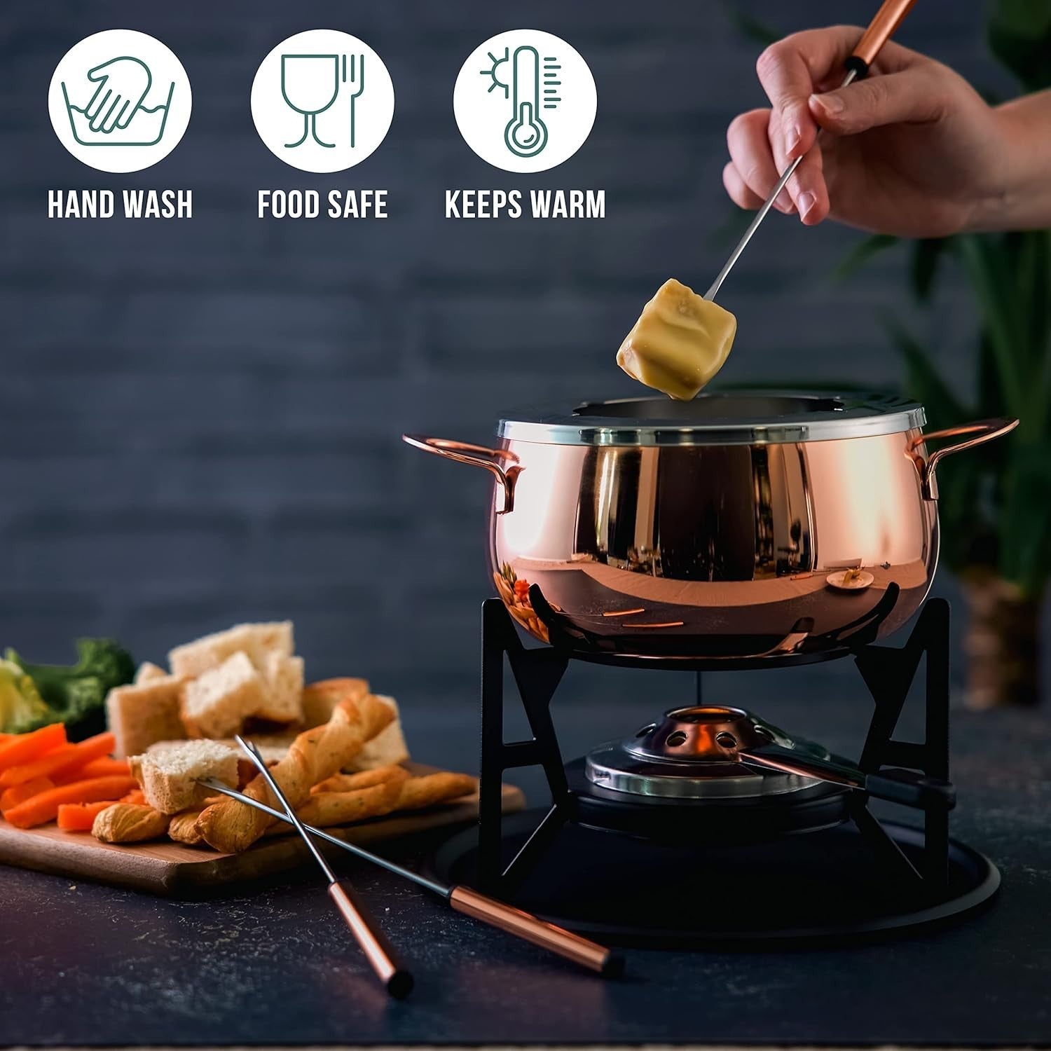 Rose Gold Stainless Steel Fondue Set Cheese Chocolate Pot 6 Person