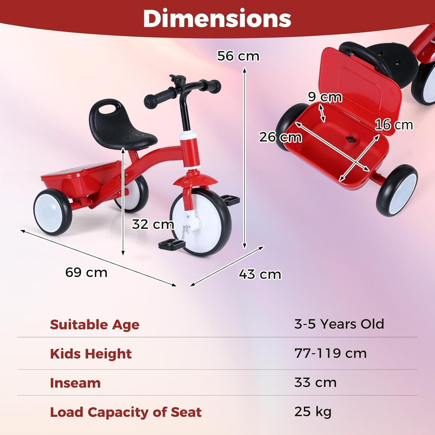 Kids Tricycle Light Up Wheels Adjustable Seat Balance Bike 3-5 Years