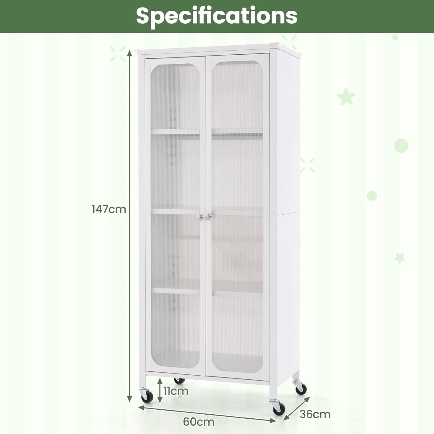 147cm White Mobile Storage Cabinet | Adjustable Shelves & Casters