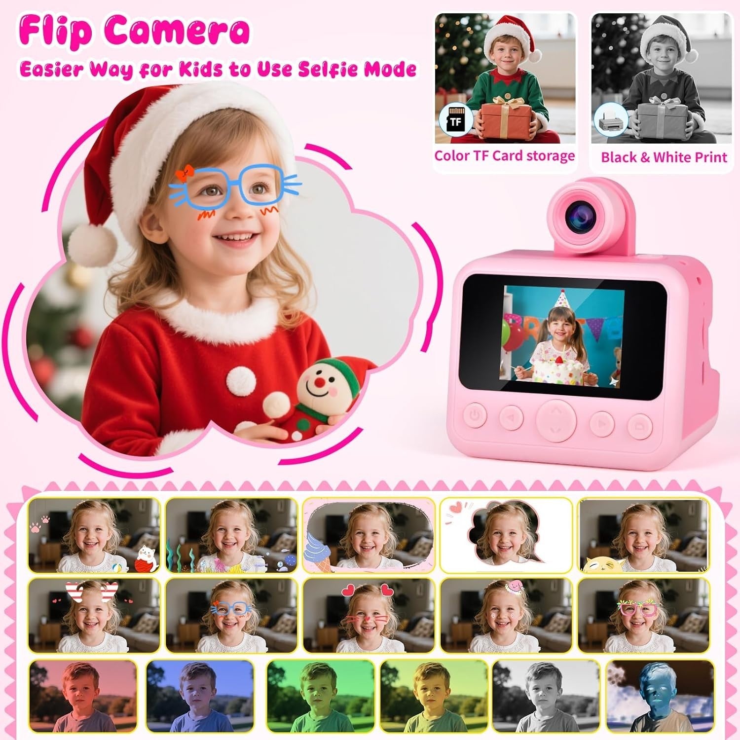 Kids Instant Print Camera 30MP 32GB Card 4 Paper Rolls Pink Bag