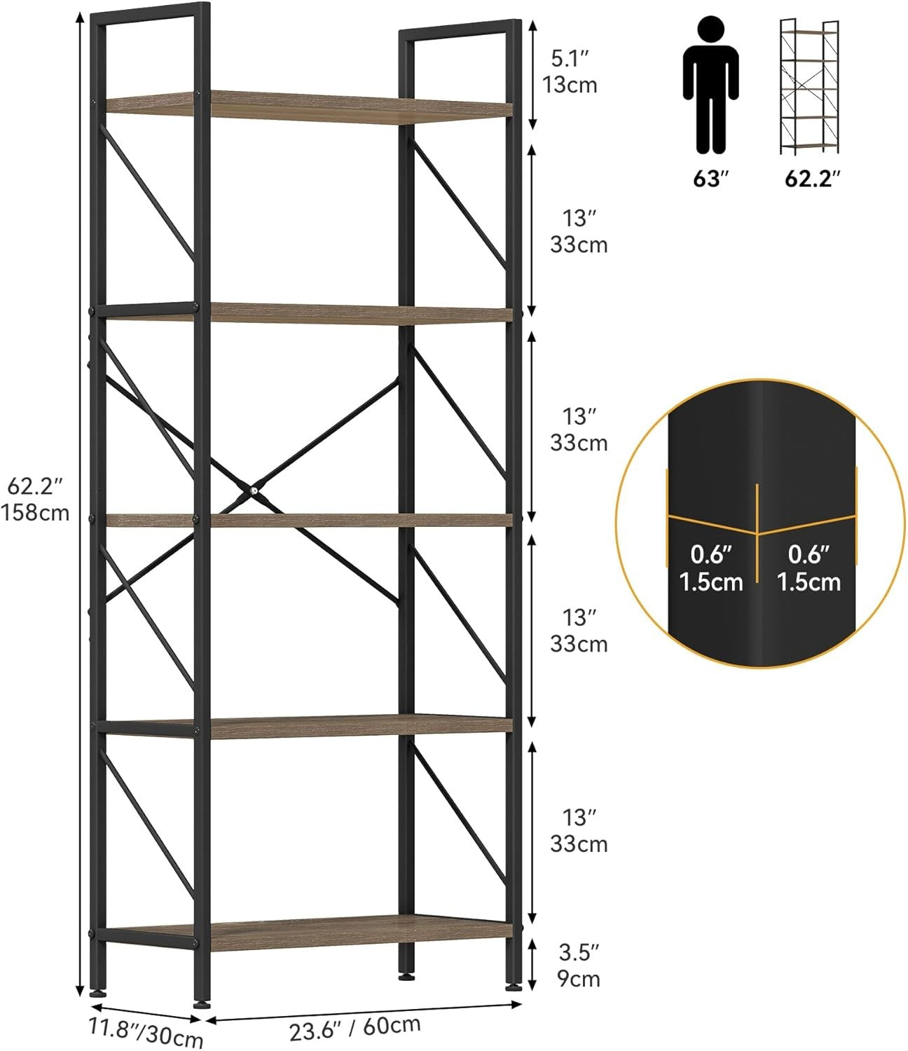 Tall Industrial 5-Tier Bookshelf Metal Frame Wood Shelving Storage Unit