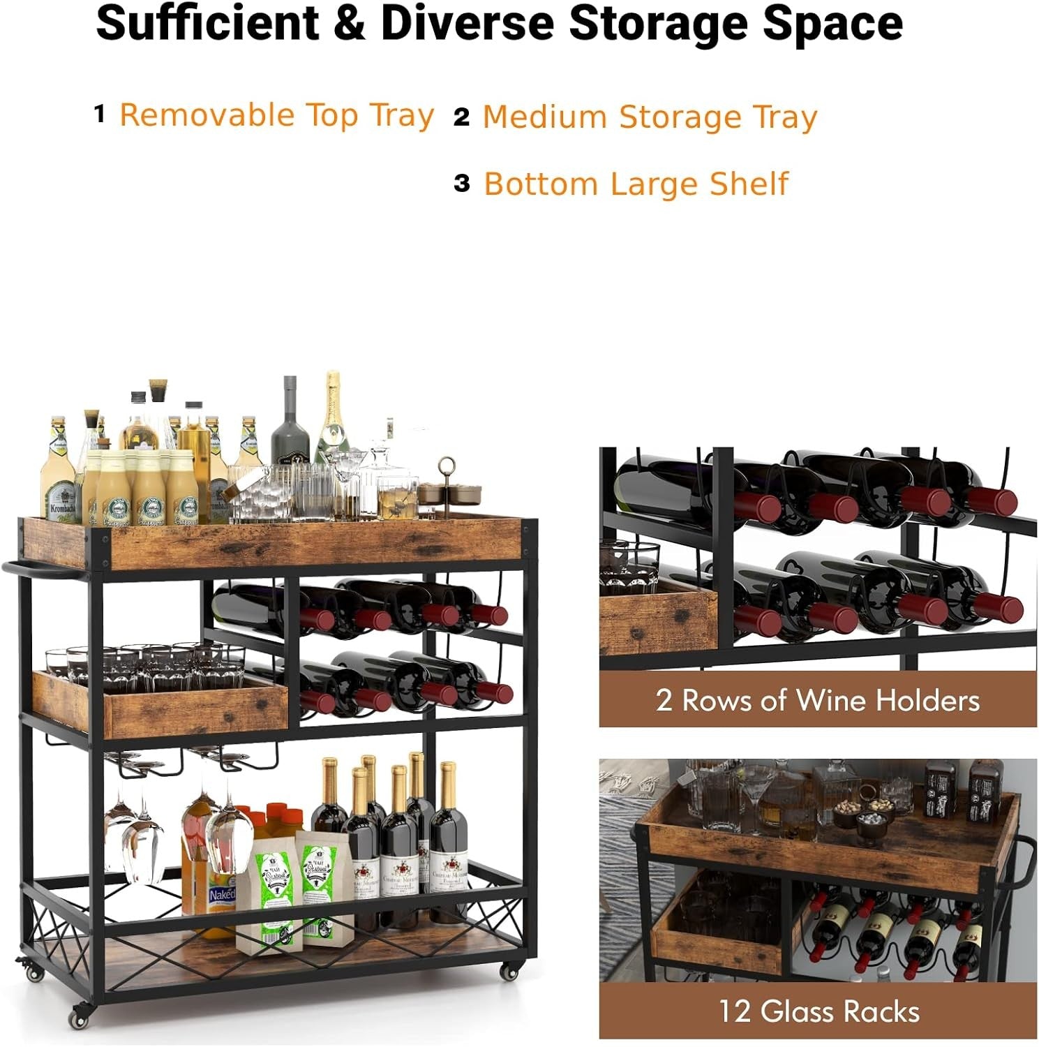 3 Tier Bar Cart Drinks Trolley on Wheels with Wine Rack & Removable Tray