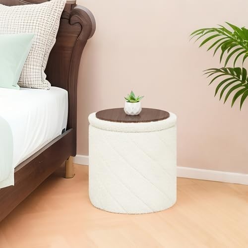 White Round Storage Ottoman Footstool 3-in-1 Seat with Lid 33x33x35cm