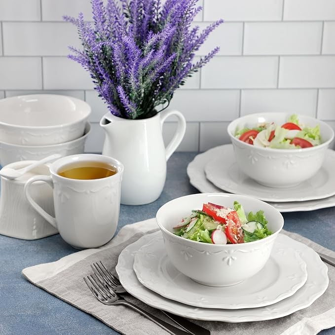 16pc White Porcelain Dinnerware Set Embossed Edge Plates Bowls Mugs