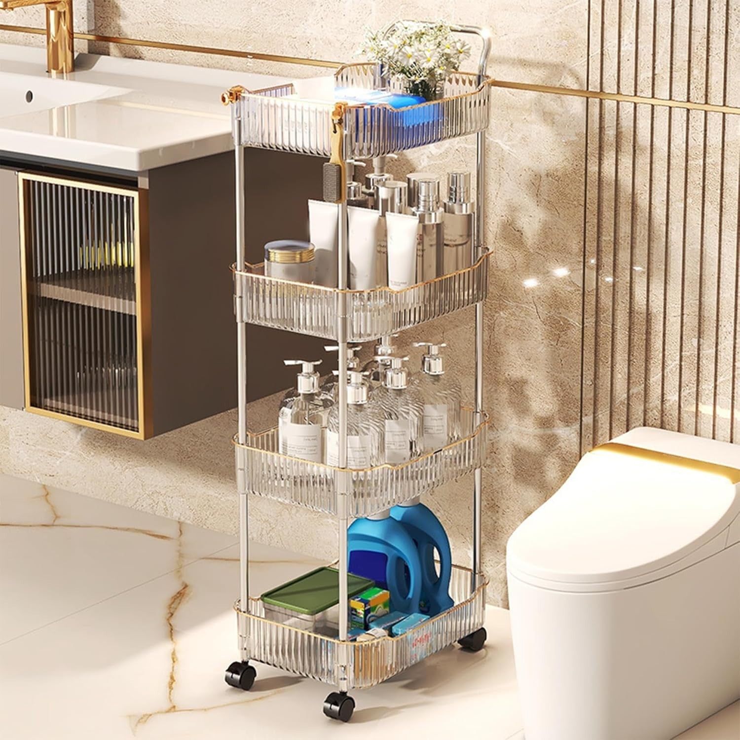4 Tier Clear Rolling Storage Trolley Acrylic Utility Cart with Wheels
