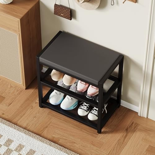 Black Shoe Bench with Cushion & Sturdy Metal Frame, Storage Rack Seat