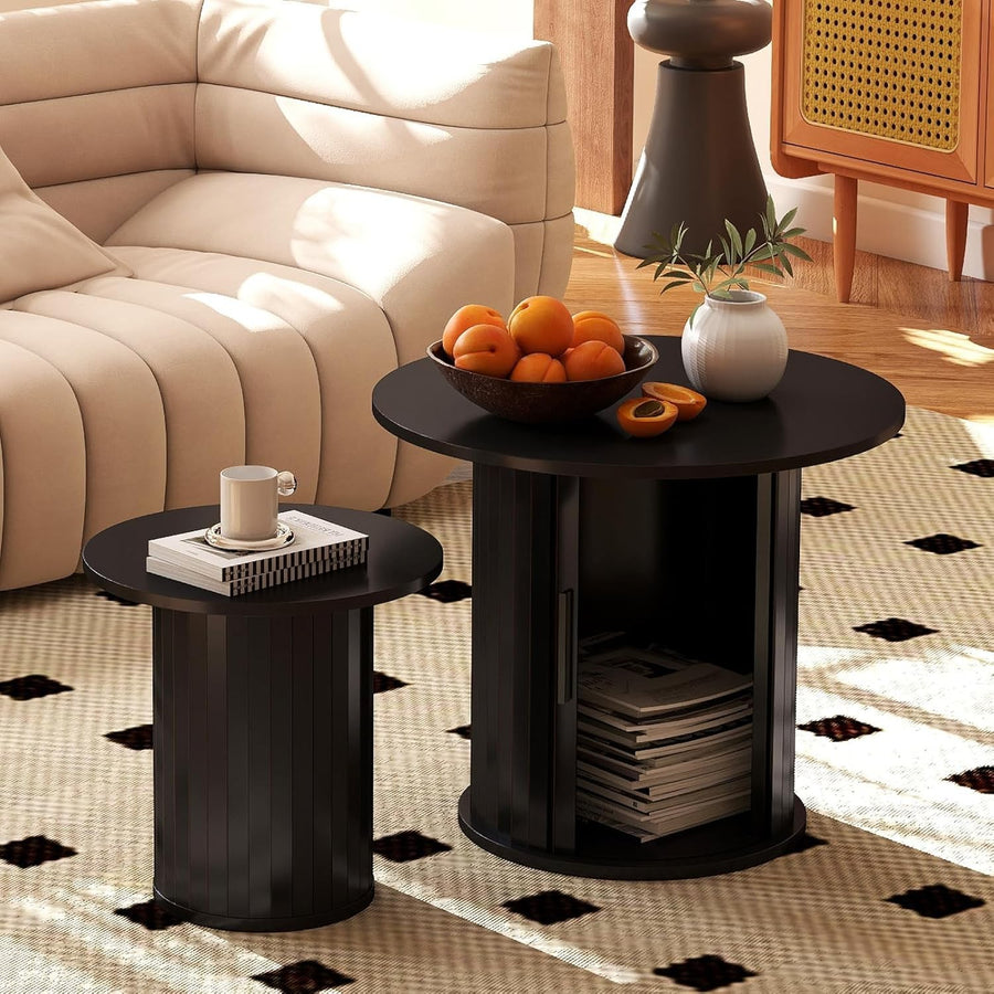 2-Piece 60cm Round Nesting Coffee Table Set with Hidden Storage, Black Finish