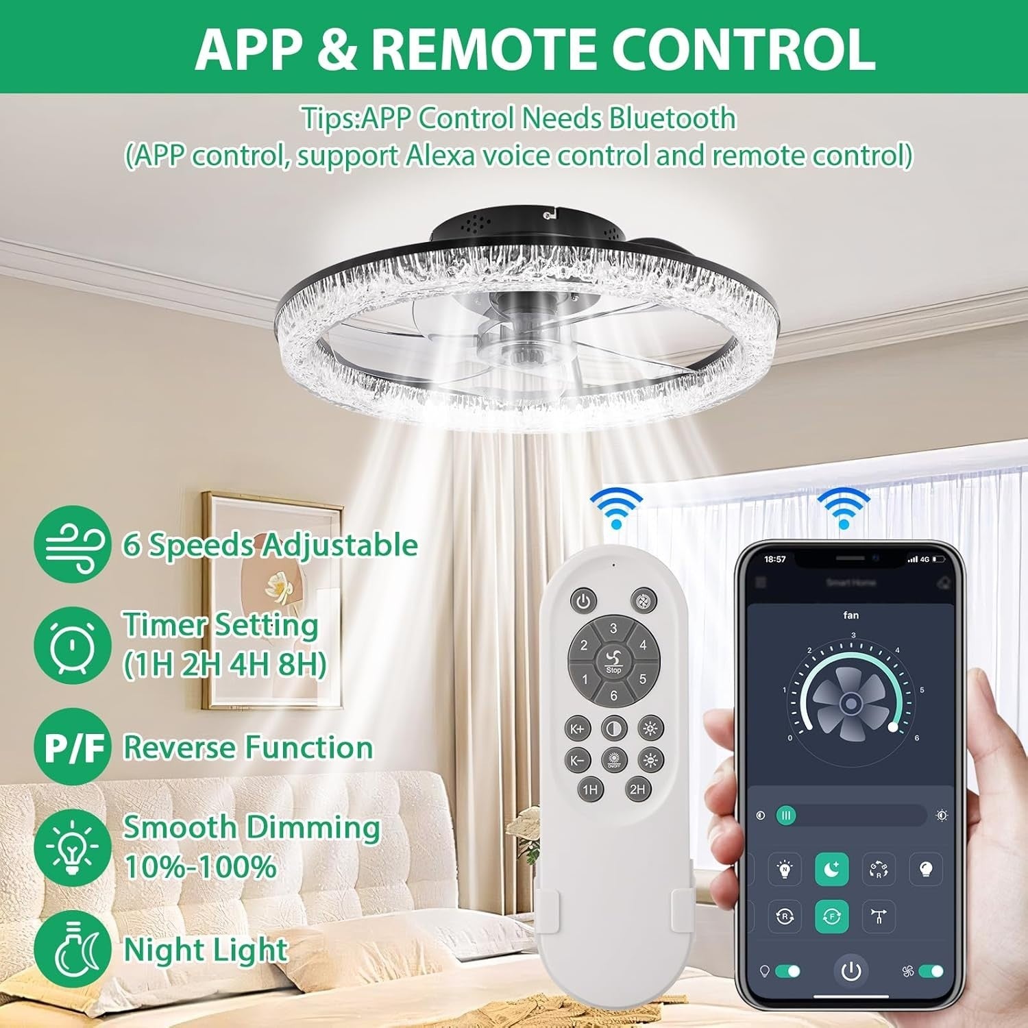 50cm Ceiling Fan Light, Remote Control, 6 Speed, Quiet LED Dimmable