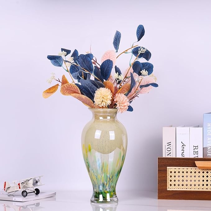 Hand Blown Glass Vase Tall 30cm Green Art Flower Vase Table Centerpiece