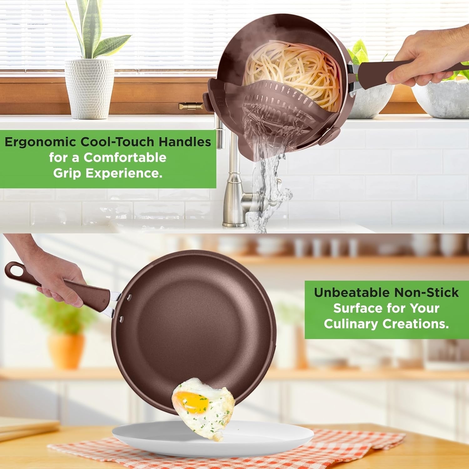 14pcs Brown Ceramic Stackable Non Stick Cookware Set Induction Safe Pots & Pans