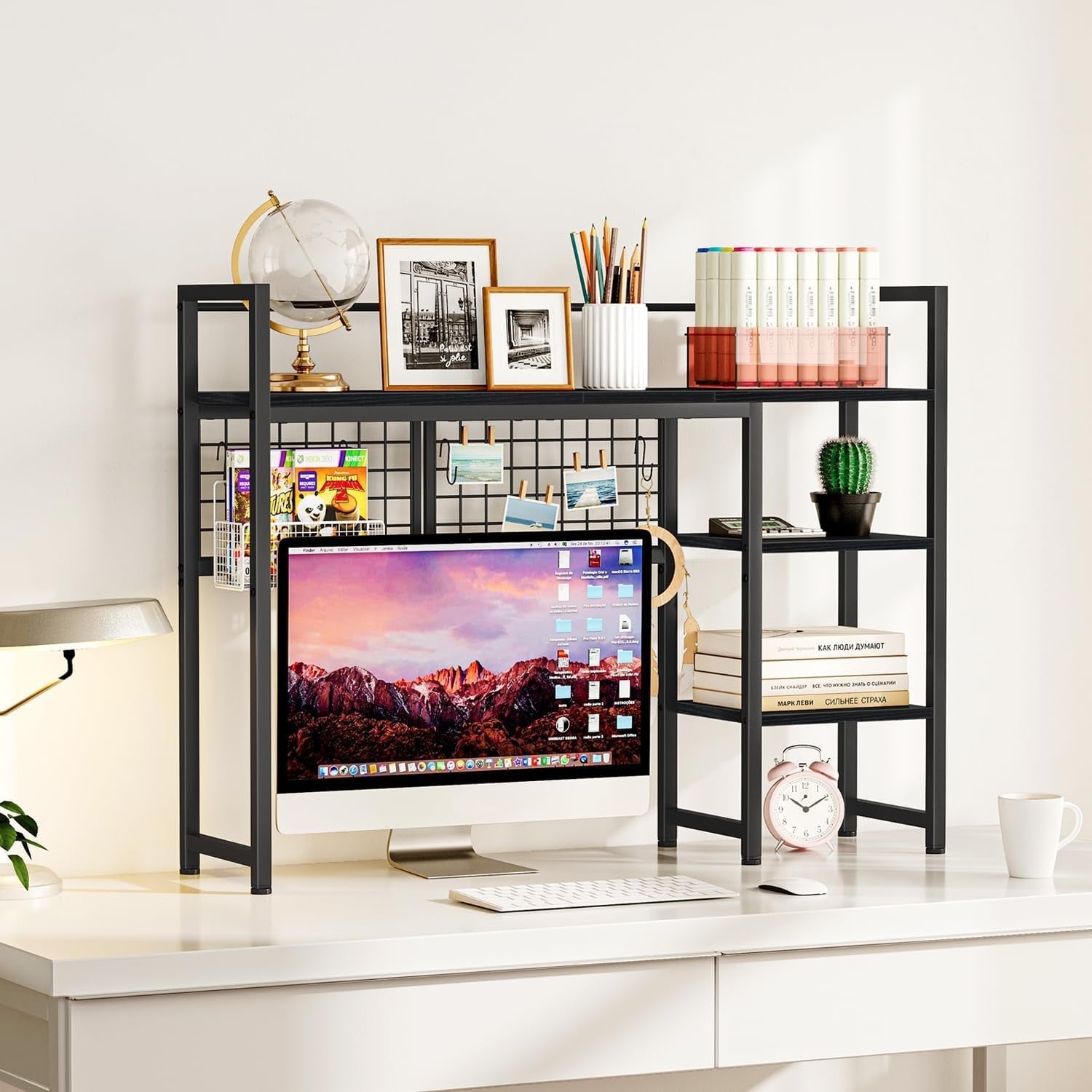38.6" Desk Hutch Shelf with Pegboard Hooks | 4-Tier Desktop Organizer Rack Black