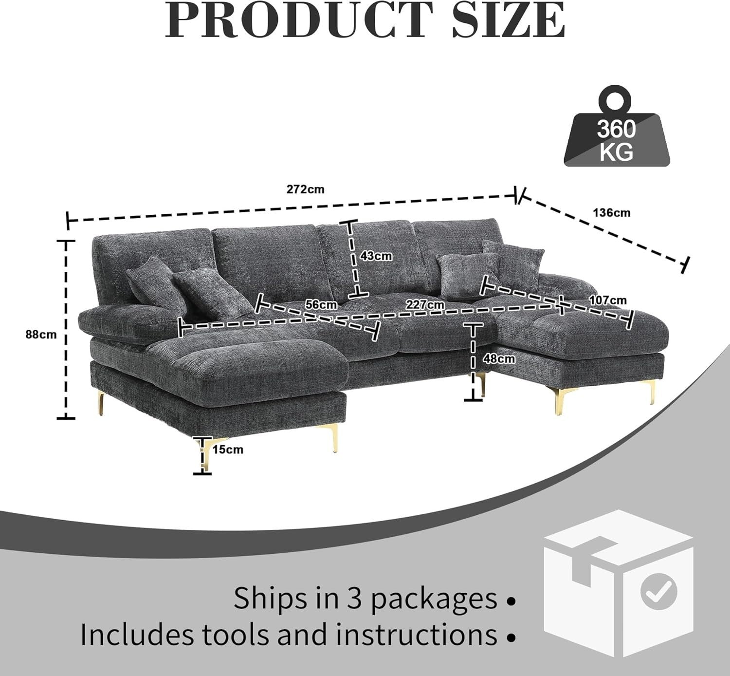 4 Seater U-Shaped Sofa Grey Chenille Sectional with Double Chaise & 4 Pillows