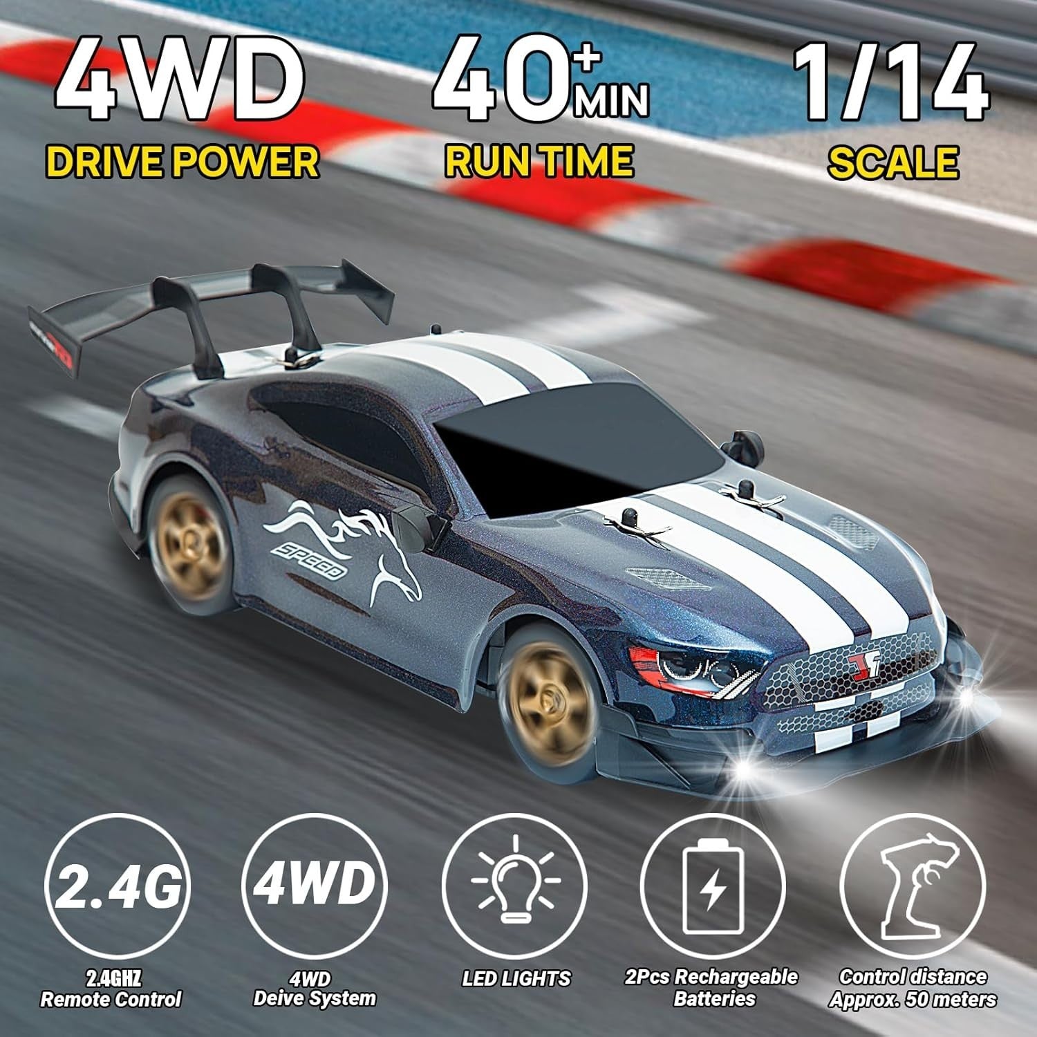 1:14 4WD RC Drift Car Pro Steering & Throttle w/ Gyro LED & 2 Batteries