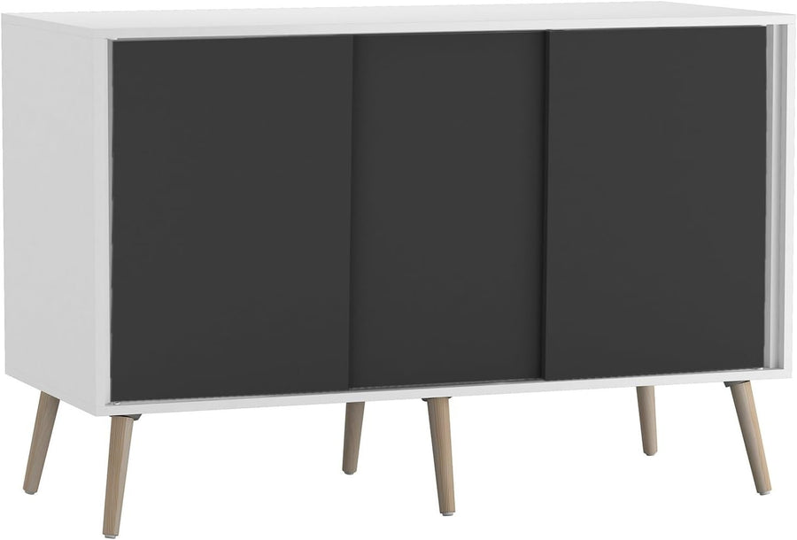 Modern White Sideboard Sliding Doors Storage Unit Black Front Beech Legs