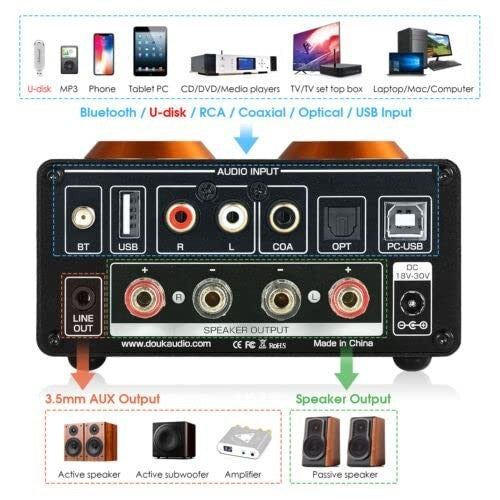 200W HiFi Tube Amplifier Bluetooth 5.0 USB DAC Stereo 2-Channel